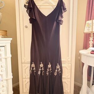 SL Fashions Brown Ruffle Sleeve Evening Dress- V-Neck Romantic/Whimsical MIDI